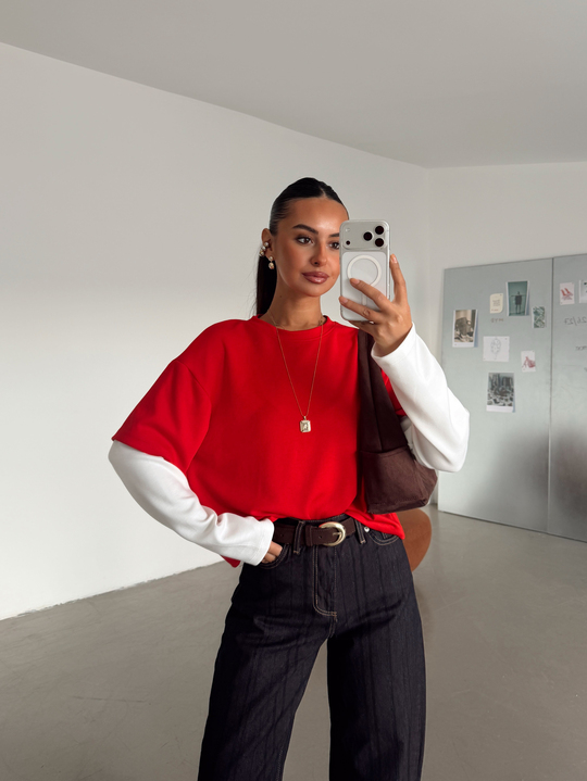 Modal Birleşik Sweat - Kırmızı