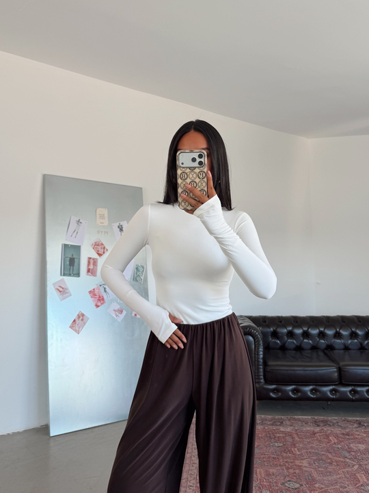 Bisiklet Yaka Uzun Kol Bodysuit - Ekru