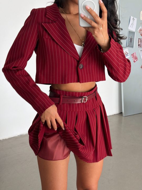 Çizgili Crop Ceket - Bordo