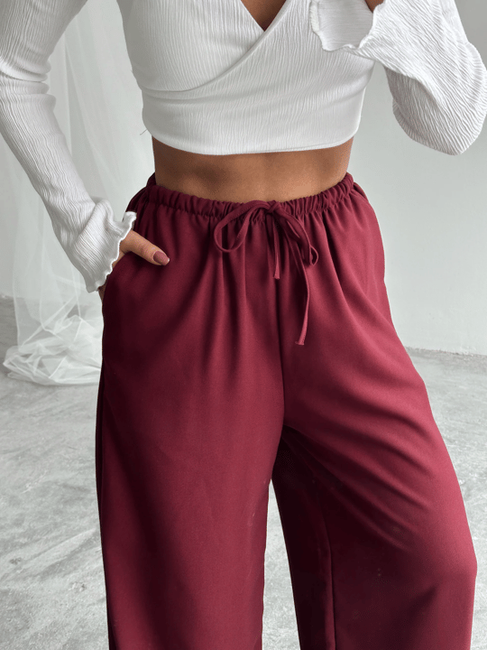 İnce Kemerli Salaş Pantolon - Bordo