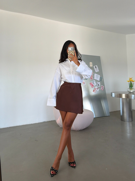 Saten Mini Etek - Kahve