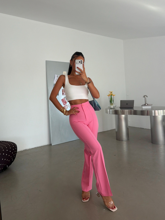 Ön Dikiş Boru Paça Kumaş Pantolon - Pembe
