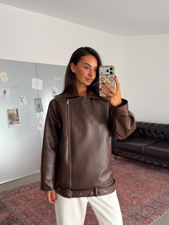 Kemerli Oversize Deri Ceket  - Kahve