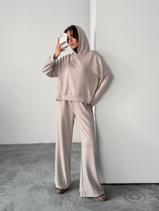 Çıt Çıt Detaylı Kapüşonlu Takım  - Taş