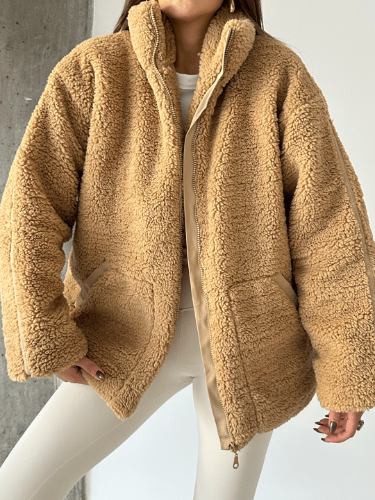 İç Astarlı Oversize Peluş Mont  - Vizon