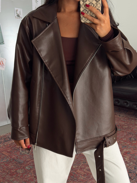 Kemerli Oversize Deri Ceket  - Kahve