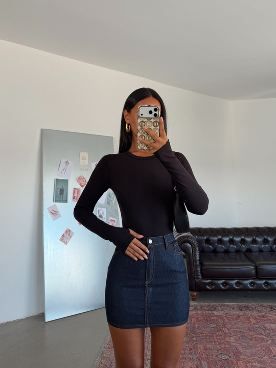 Bisiklet Yaka Uzun Kol Bodysuit - Siyah