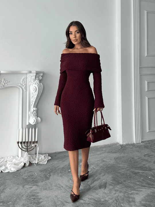 Madonna Yaka Buklet Elbise - Bordo