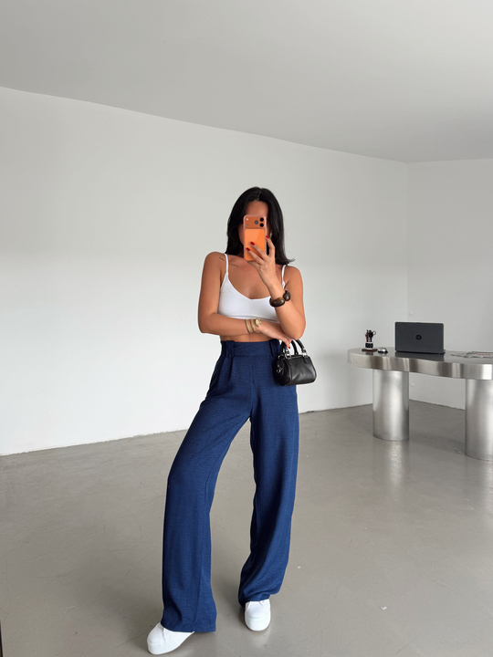 Apoletli Keten Palazzo - Lacivert