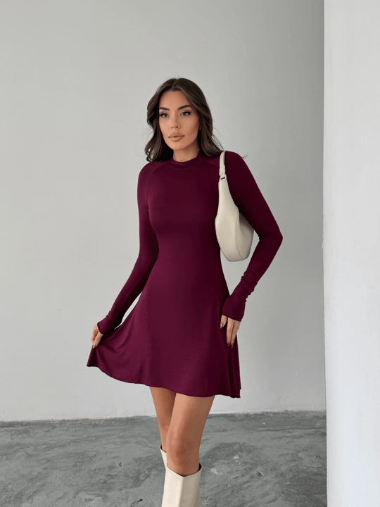 Dik Yaka Mini Elbise - Bordo