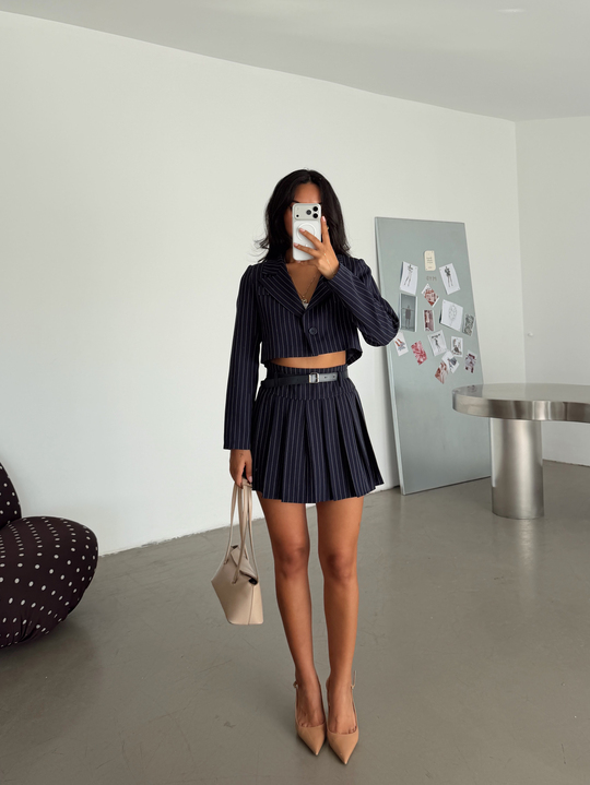 Çizgili Crop Ceket - Lacivert