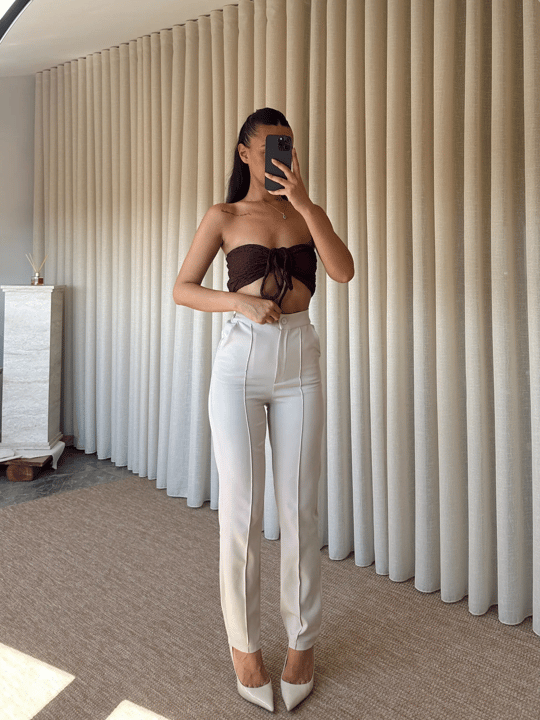 Beli Lastikli Çımalı Pantolon  - Taş