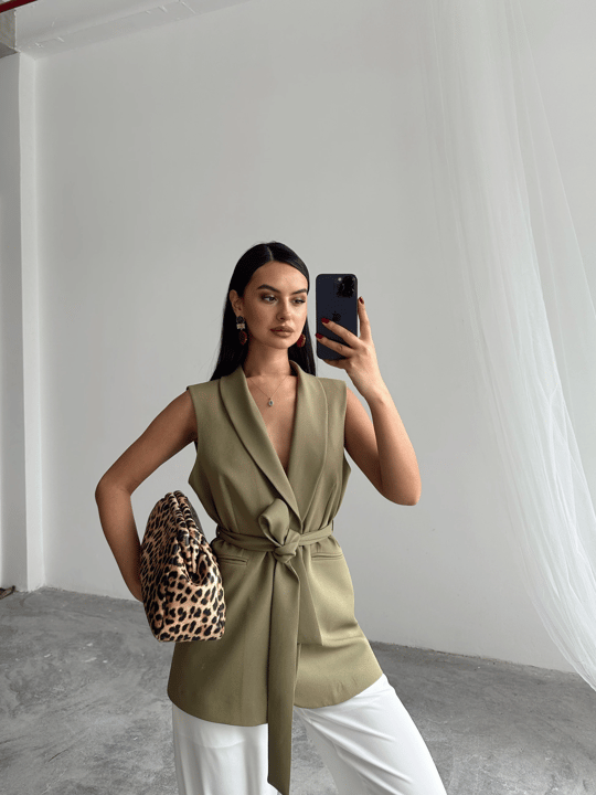 Bağlamalı Blazer Yelek  - Haki Yeşil