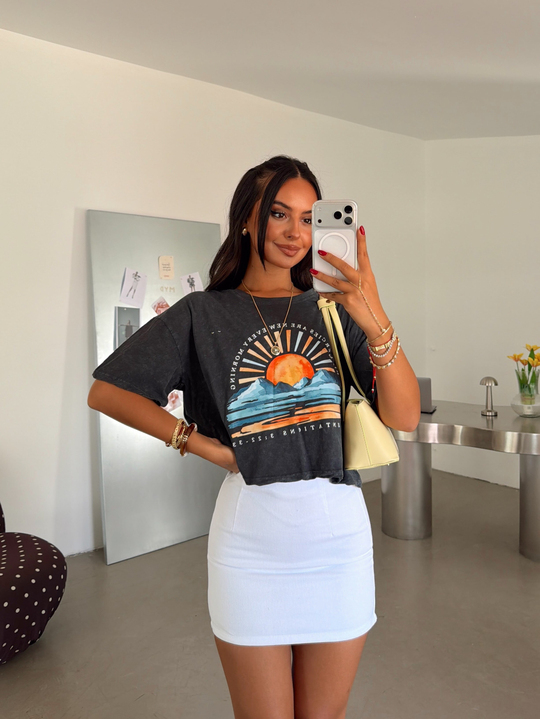 Baskılı Yıkama Basic T-shirt - Füme