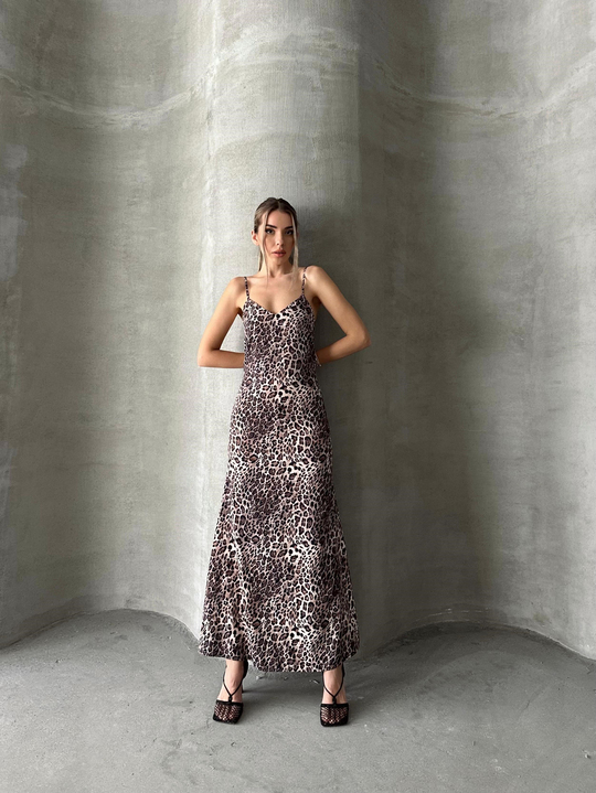 Askılı Leopar Desenli Elbise - Leopar