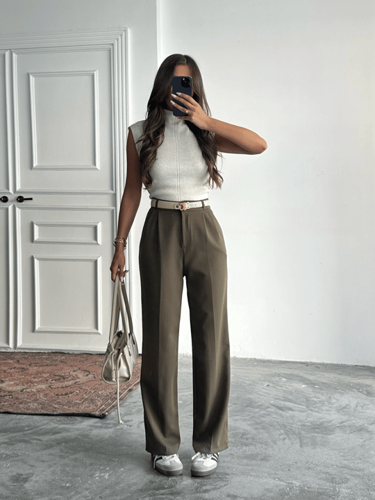 My Palazzo Kumaş Pantolon - Haki Yeşil