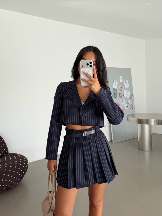 Çizgili Crop Ceket - Lacivert