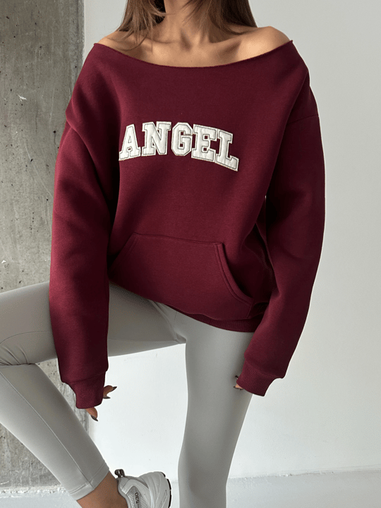 Angel Nakışlı Kayık Yaka Sweat - Bordo
