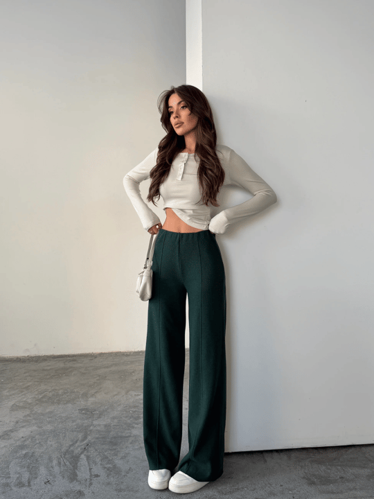 Çimalı Bel Lastik Selanik Pantolon - Zümrüt Yeşili