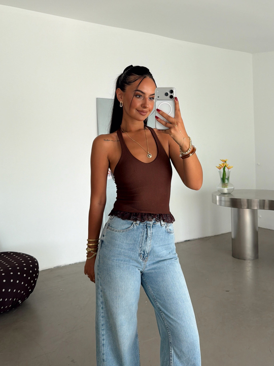 Etek Ucu Dantelli Crop - Kahve