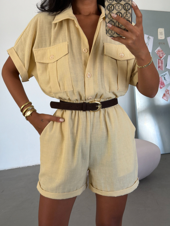 Beli Lastikli Mini Tulum - Sarı