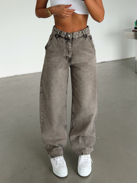 Yan Cep Detaylı Boyfriend Jean - Kahve Yıkama