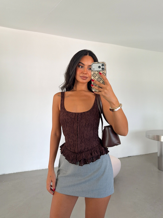Korse Dantel Crop Top - Kahve