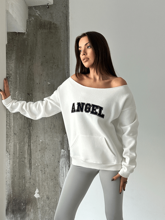 Angel Nakışlı Kayık Yaka Sweat - Beyaz