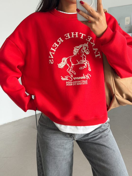 Birleşik Baskılı Sweatshırt - Kırmızı