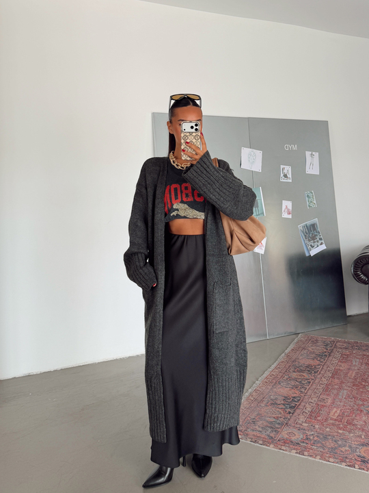 Oversize Uzun Hırka - Füme