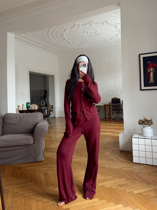 Bisiklet Yaka Düğme Detaylı Relax Takım - Bordo