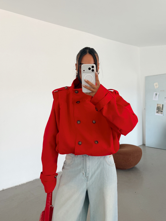 Vatka Detay Oversize Crop Trençkot - Kırmızı