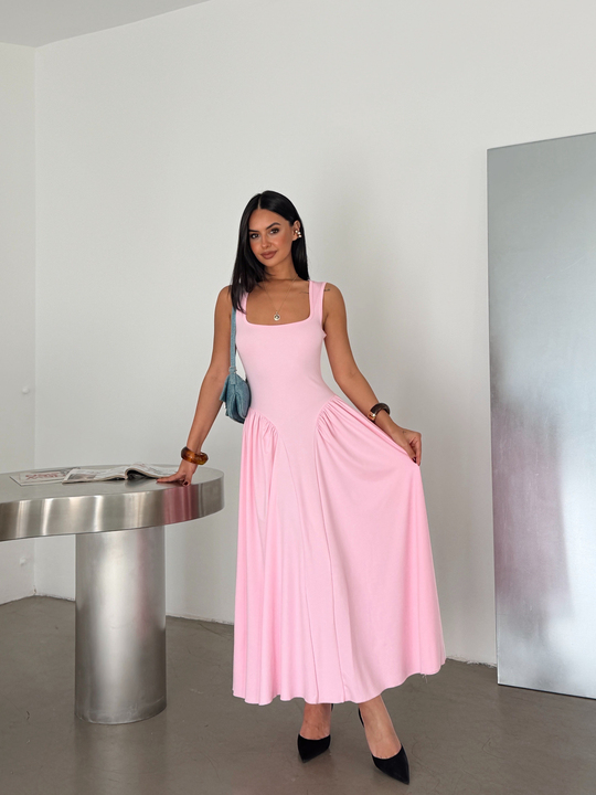 Korse Detaylı Midi Elbise - Pembe