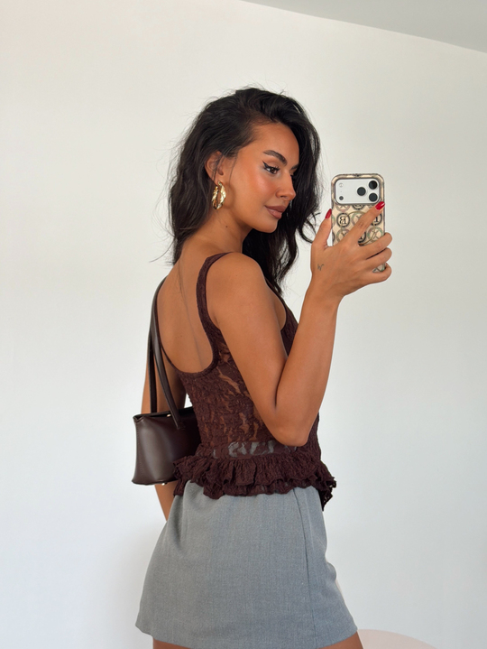 Korse Dantel Crop Top - Kahve