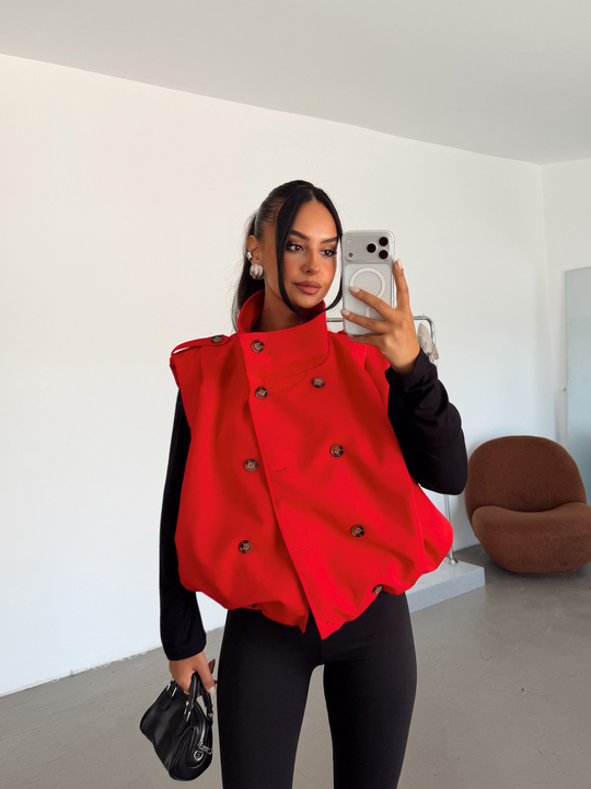 Apolet Detaylı Oversize Yelek - Kırmızı