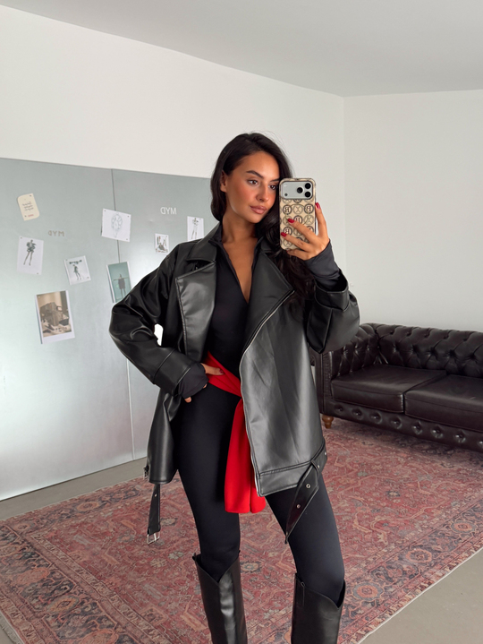 Kemerli Oversize Deri Ceket  - Siyah