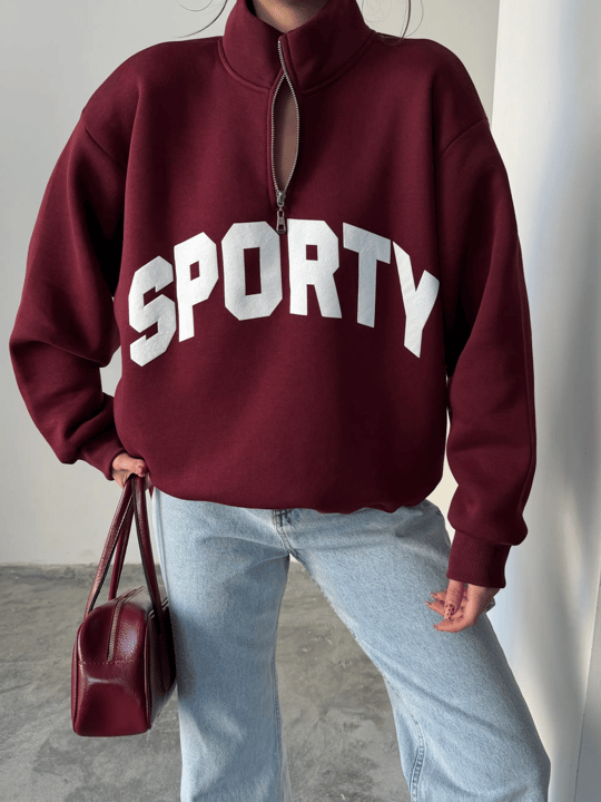 Sporty Yarım Fermuar Sweat - Bordo