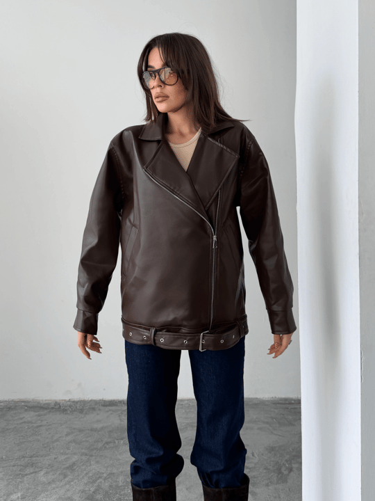 Kemerli Oversize Deri Ceket  - Kahve