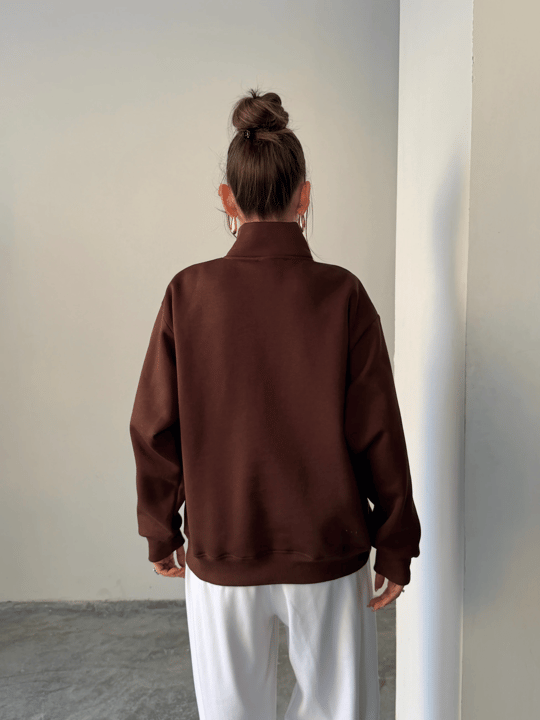 Sporty Yarım Fermuar Sweat - Kahve