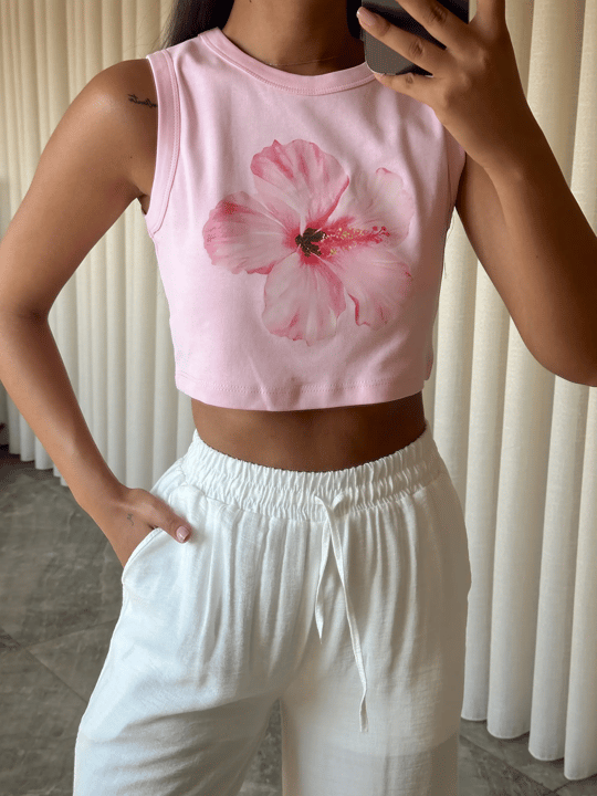 Çiçek Baskılı Crop - Pembe