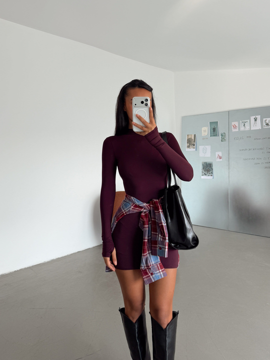 Yarım Balıkçı Mini Elbise - Bordo