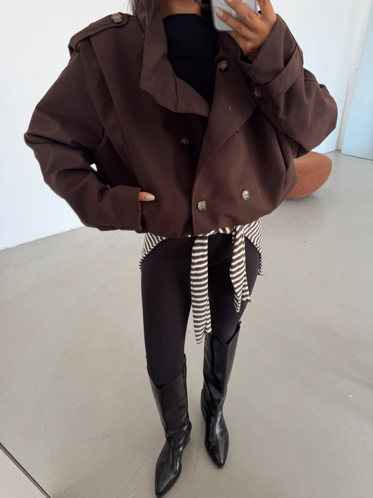 Vatka Detay Oversize Crop Trençkot - Acı Kahve