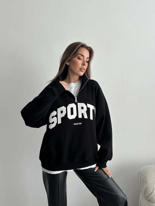 Sporty Yarım Fermuar Sweat - Siyah
