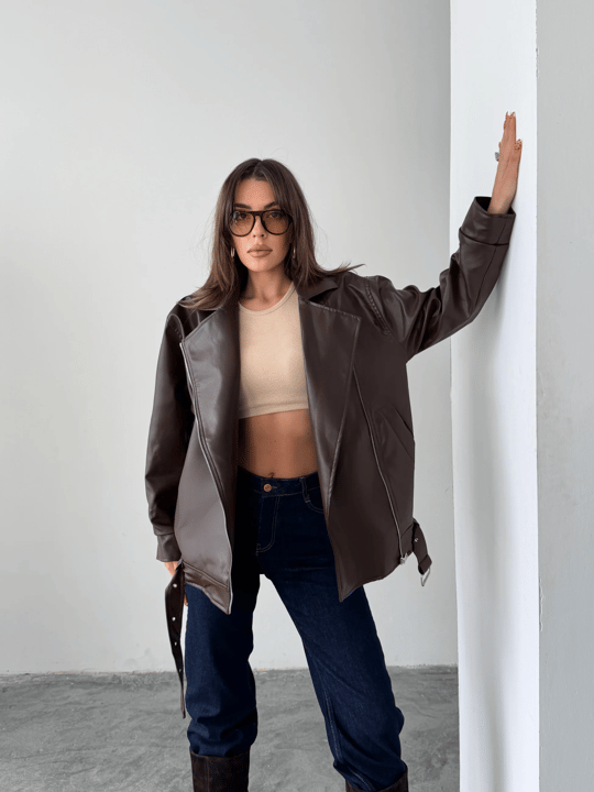 Kemerli Oversize Deri Ceket  - Kahve