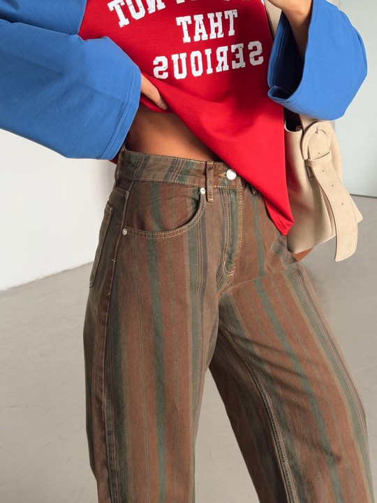 Dikey Çizgili Barrel Jean - Haki