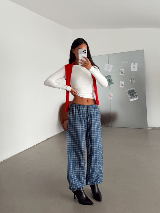 Bel Lastik Ekoseli Jogger Pantolon - Lacivert