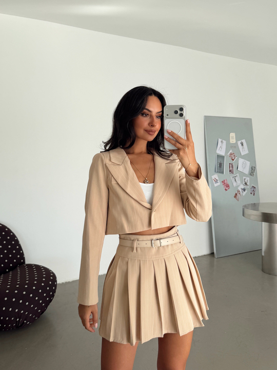 Çizgili Crop Ceket - Bej