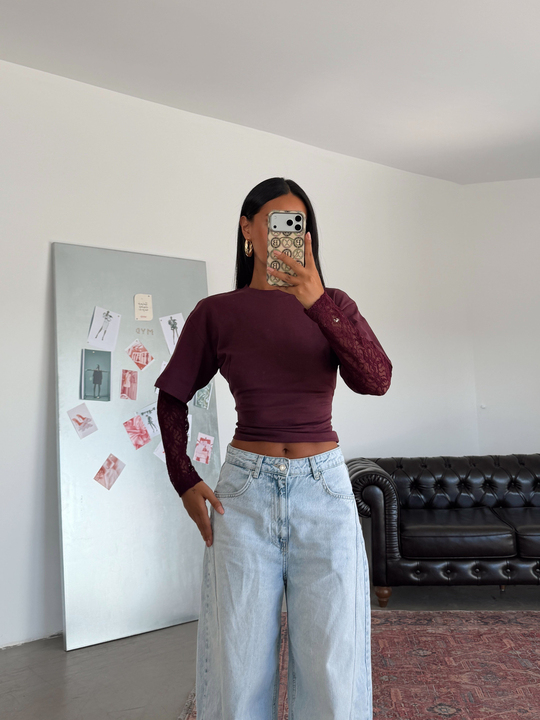 Oturtmalı Kolları Dantel Basic T-shirt - Mürdüm