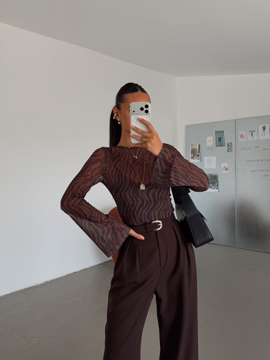 Zebra Desenli Tül Bluz - Kahve