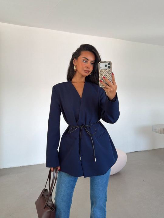 Deri Kemerli Blazer Ceket - Lacivert